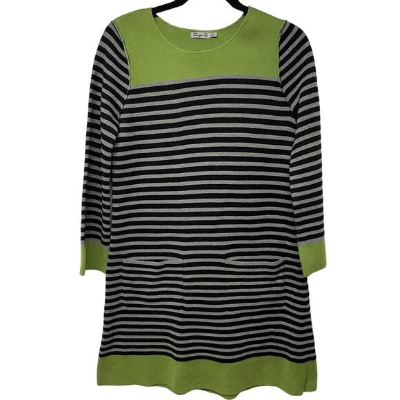 Eliza J Green Black Gray Striped Long Sleeve Sweater Dress Womens Size Medium - Picture 1 of 7